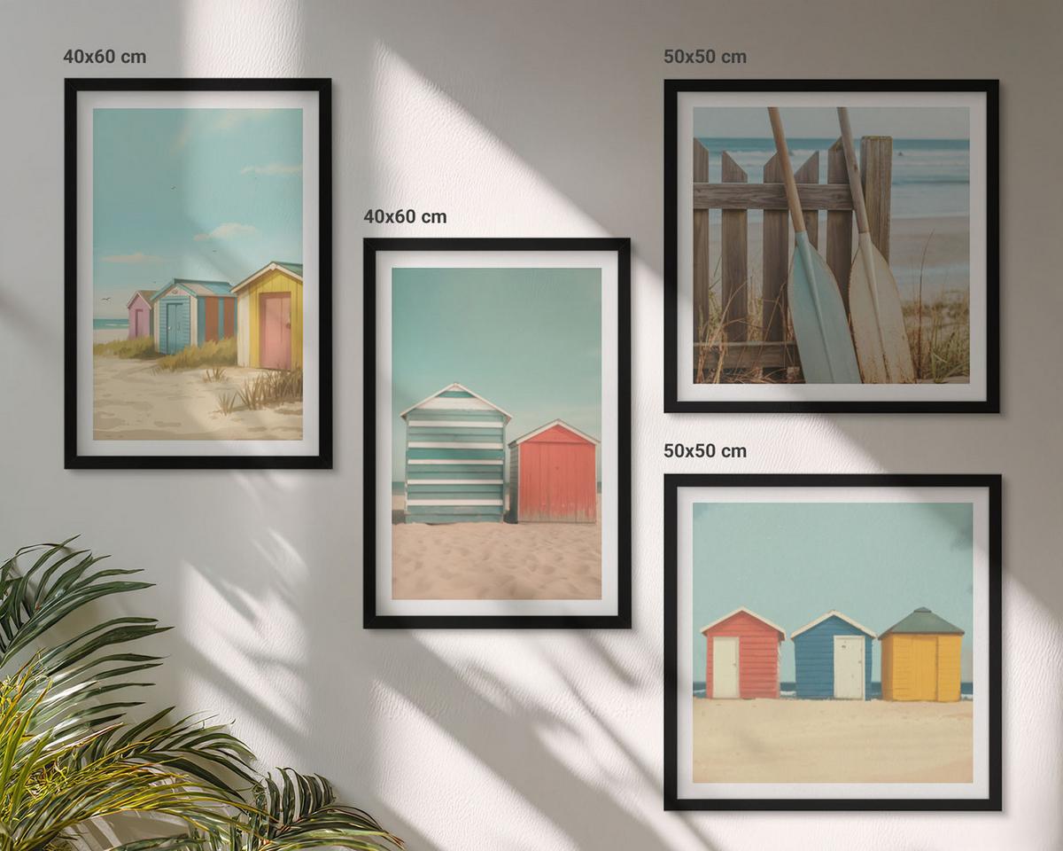 BILDER SET 4er Set - 50x50 cm & 40x60 cm Schwarzer Rahmen - Bunte Strandhäuser - Schwarz, Kunststoff (50/50cm) - TULUP