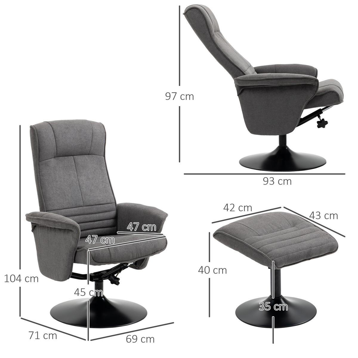 RELAXSESSEL mit Fußhocker verstellbare Rückenlehne für Schlafzimmer Dunkelgrau - Dunkelgrau/Schwarz, Textil/Metall (71/104/69cm) - HOMCOM