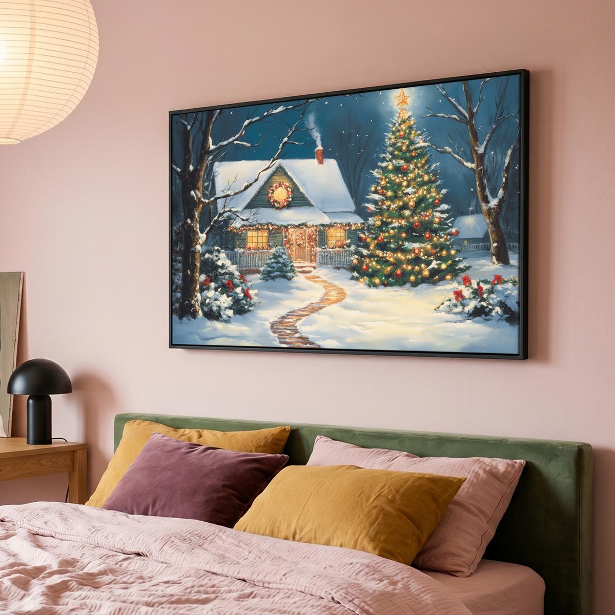 LEINWAND Bilder mit Rahmen - Weihnachten - Weihnachtsbaum - Winter - Zuhause - Schnee - 140x90 - Smaragdgrün, Textil (140/90cm) - MuchoWow