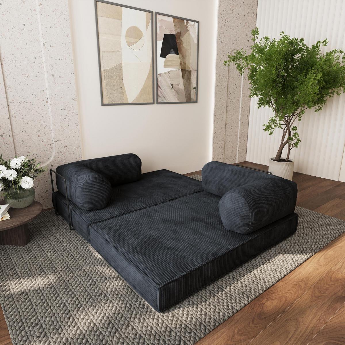 ECKSOFA ETERA modulares Boneless Sofa mit Schlaffunktion Schwarz Cordstoff - Schwarz, Textil (270/160cm) - MASSENO