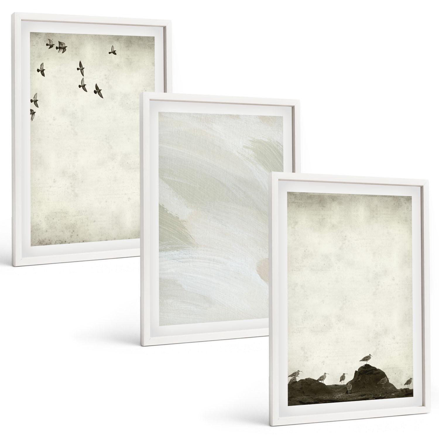 BILDER SET 3er Set - 40x60 cm Weißer Rahmen - Vögel, Steine, Pinselstriche, Verzierungen - Weiß, Kunststoff (40/60cm) - TULUP