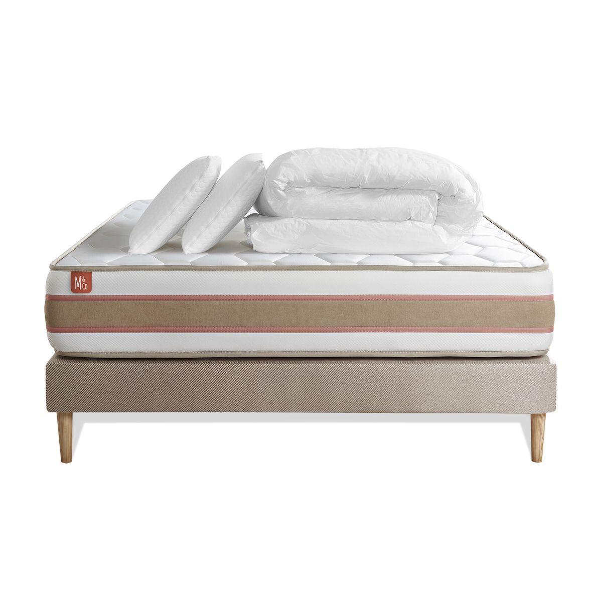 BETT Le Délicat Taschenfederkern und Memory-Schaum 140 x 200 cm h1 - Kit Bettgestell Beige - Mit Kissen und Bettdecke - Beige, Karton/Holz (140/200cm) - Marmottes & Co