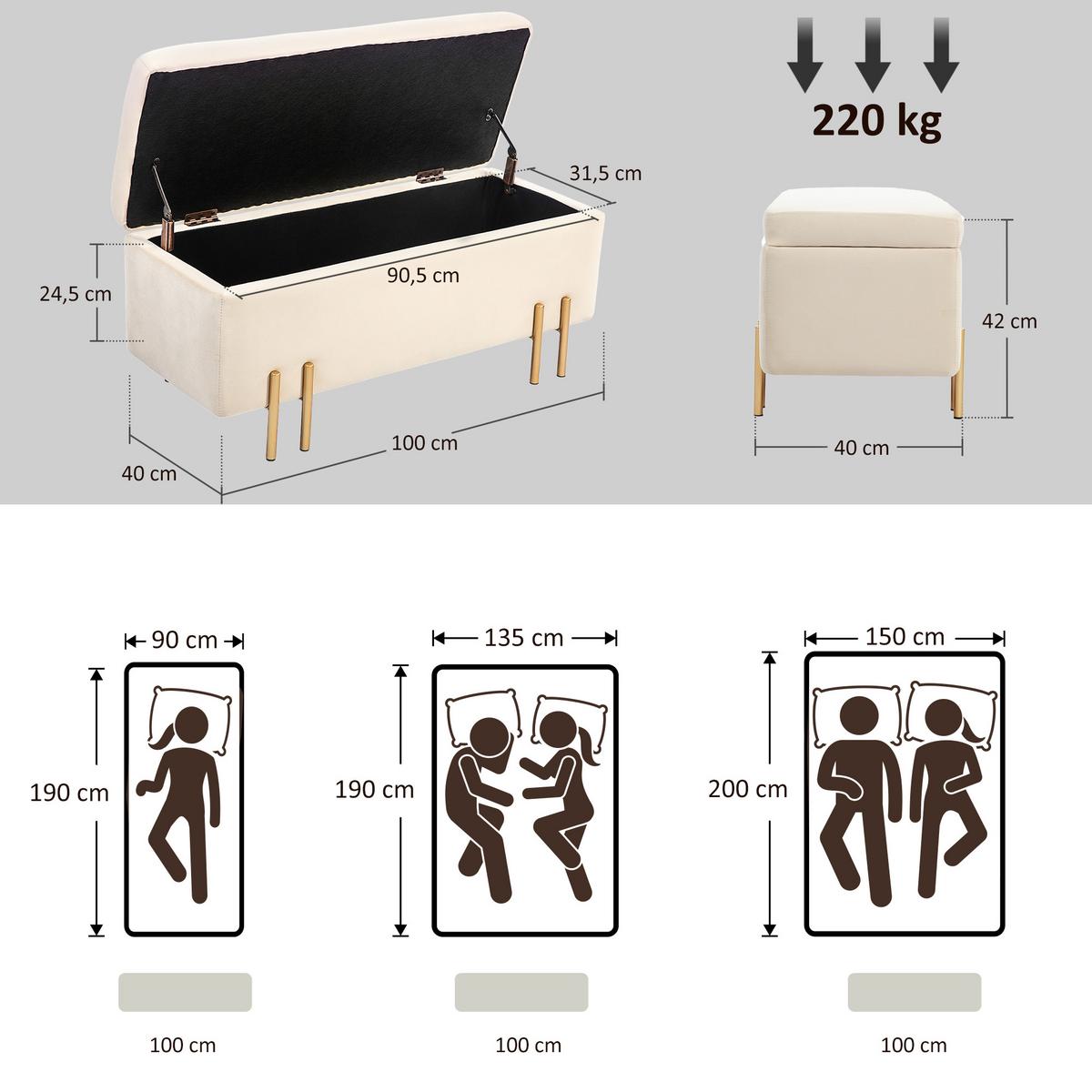 TRUHENBANK mit Samtoptik, Metallbeine 100x40x42 cm, Beige - Beige, Textil (40/42/100cm) - HOMCOM