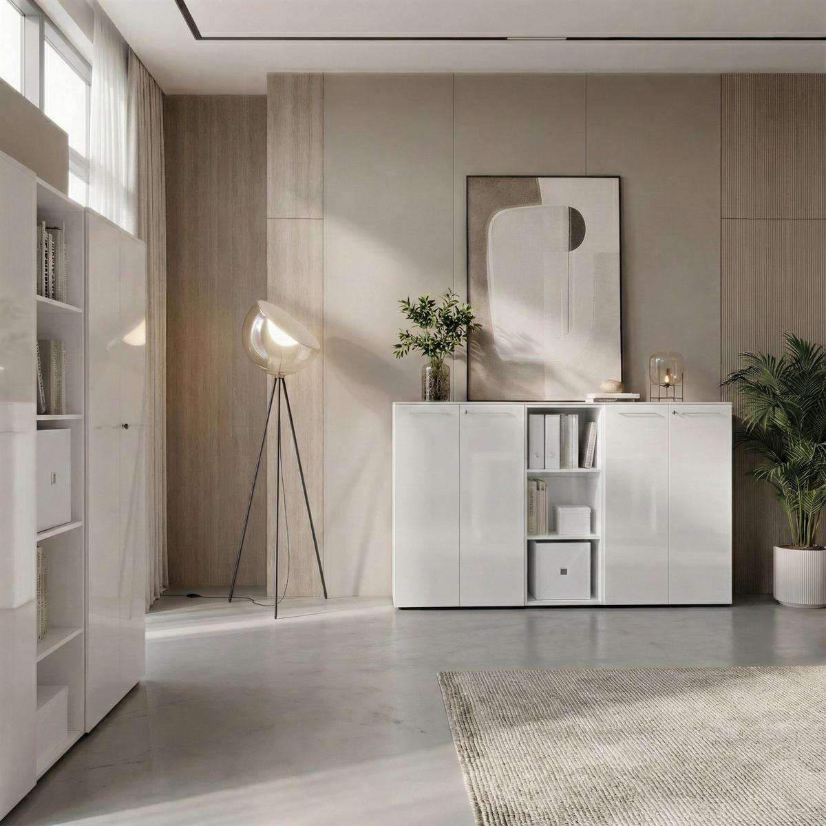 AKTENSCHRANK "Muenchen" Glasfront Soft-Close Abschließbar, Weiß 80x37x120cm - Weiß, Holzwerkstoff/Metall (80/120/37cm) - KADIMA DESIGN