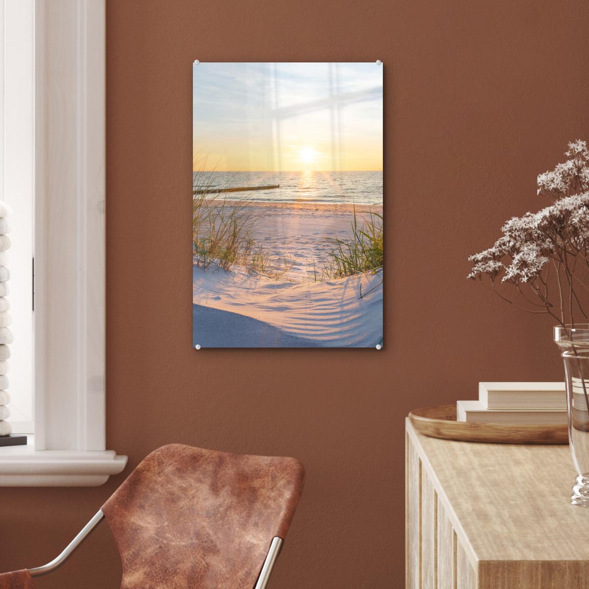 ACRYLGLASBILD Strand - Sonne - Düne - Gras - Sand - Horizont Wanddeko Wohnzimmer 40x60 cm - Hellblau, Glas (40/60cm) - MuchoWow