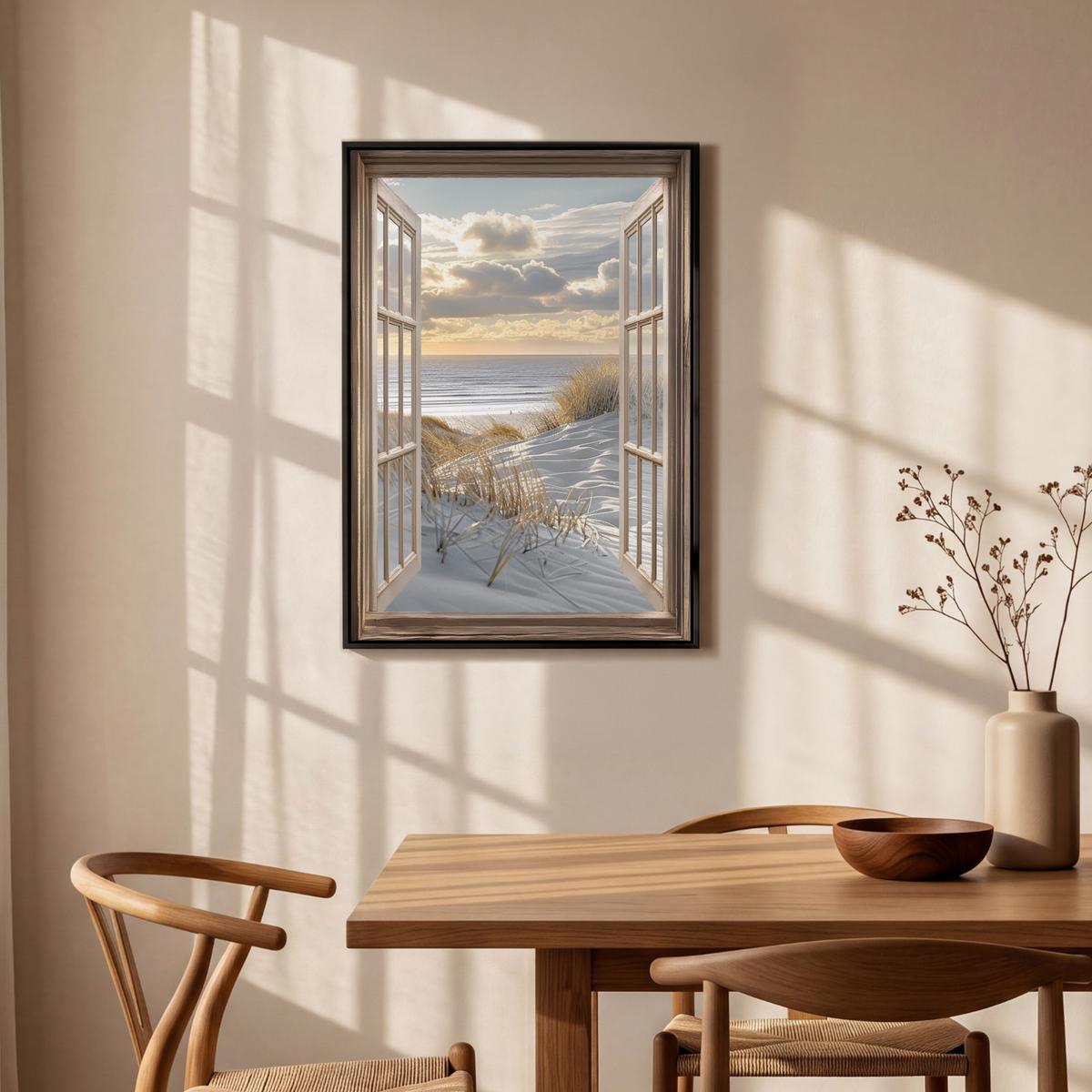 LEINWAND Bilder mit Rahmen - Ausblick - Strand - Dünen - Meer - Natur - 60x90 - Sandfarben, Textil (60/90cm) - MuchoWow