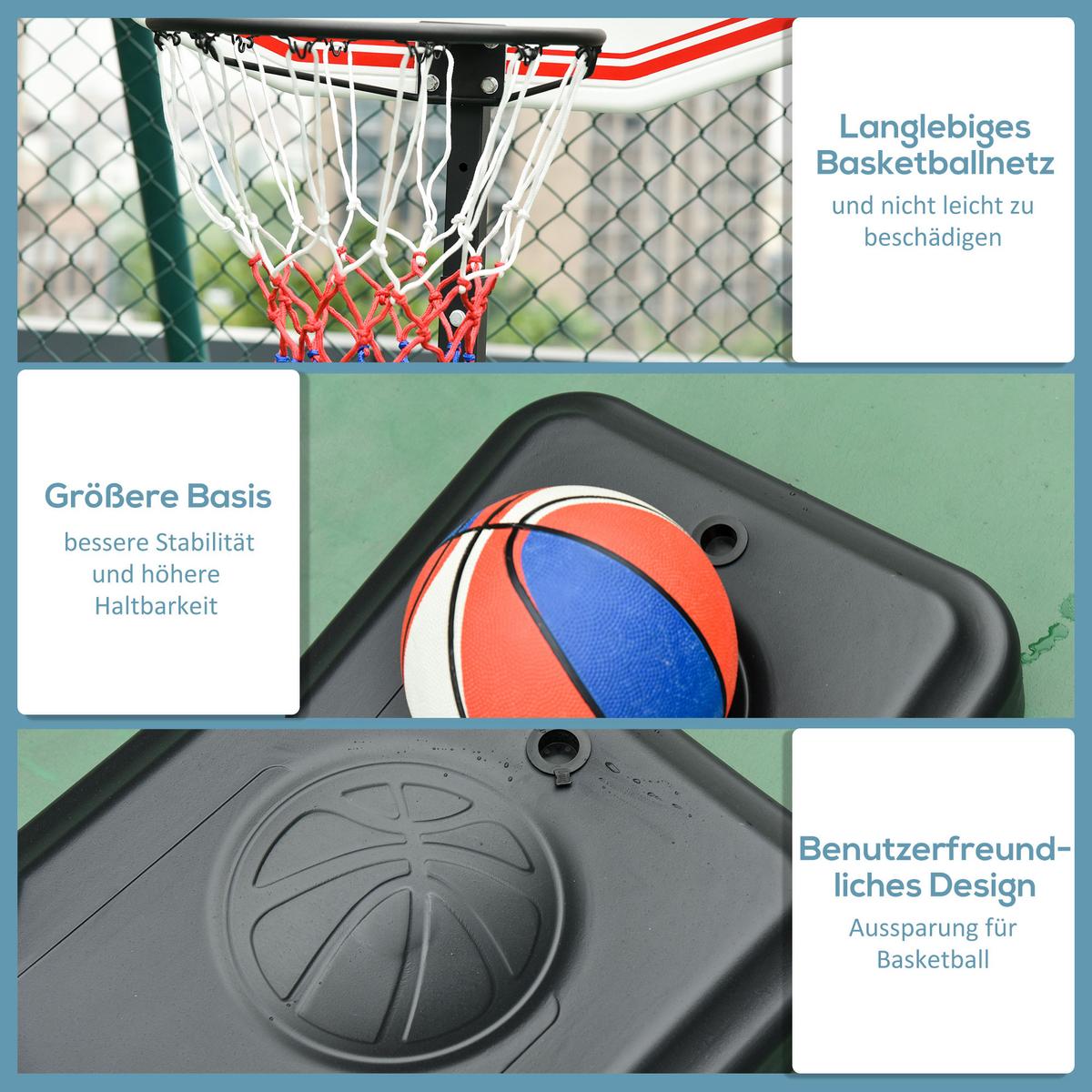 BASKETBALLKORB, Stahl, Schwarz / Rot / Weiß, 73L x 49B x 194-249H cm - Messingfarben, Metall (49/73cm) - HOMCOM