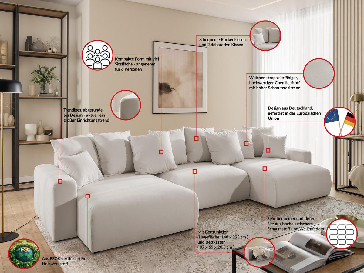 WOHNLANDSCHAFT Calma mit Schlaffunktion und Bettkasten im Bumpy-Design aus weichem Beige Webstoff - Beige/Schwarz, Holz/Textil (336/88/140cm) - S-Style