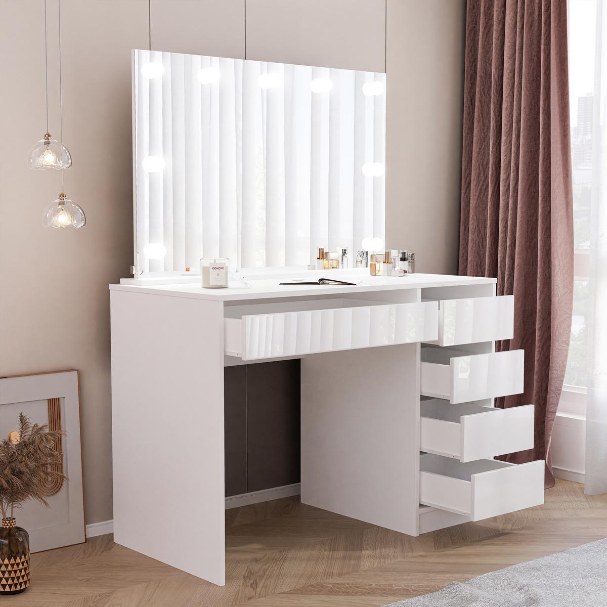 SCHMINKTISCH Bella Weiß Hochglanz 110 cm mit Spiegel und LED Beleuchtung - Weiß Hochglanz, Holzwerkstoff (110/77/55cm) - Idohome