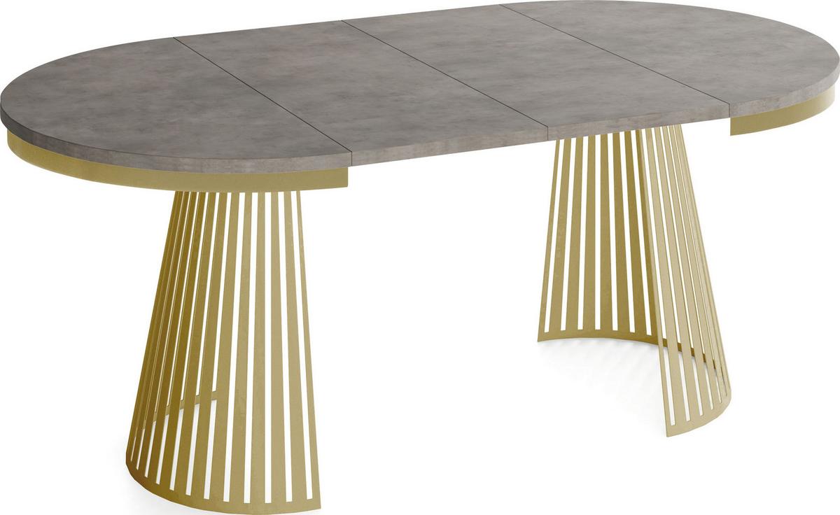 ESSTISCH Naro rund ausziehbar mit Goldem Lamellen-Metallgestell, Beton-Optik Dunkelgrau 120-200/120/76 cm - Dunkelgrau/Goldfarben, Holzwerkstoff/Metall (100/200/76cm) - WFL GROUP