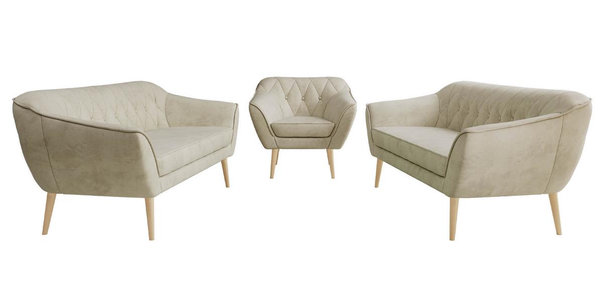 SITZGARNITUR PIRS 3+3+1 - Beige Velvet - Holzbeine - Beige/Buchefarben, Holzwerkstoff/Textil (180/75/74cm) - MKS