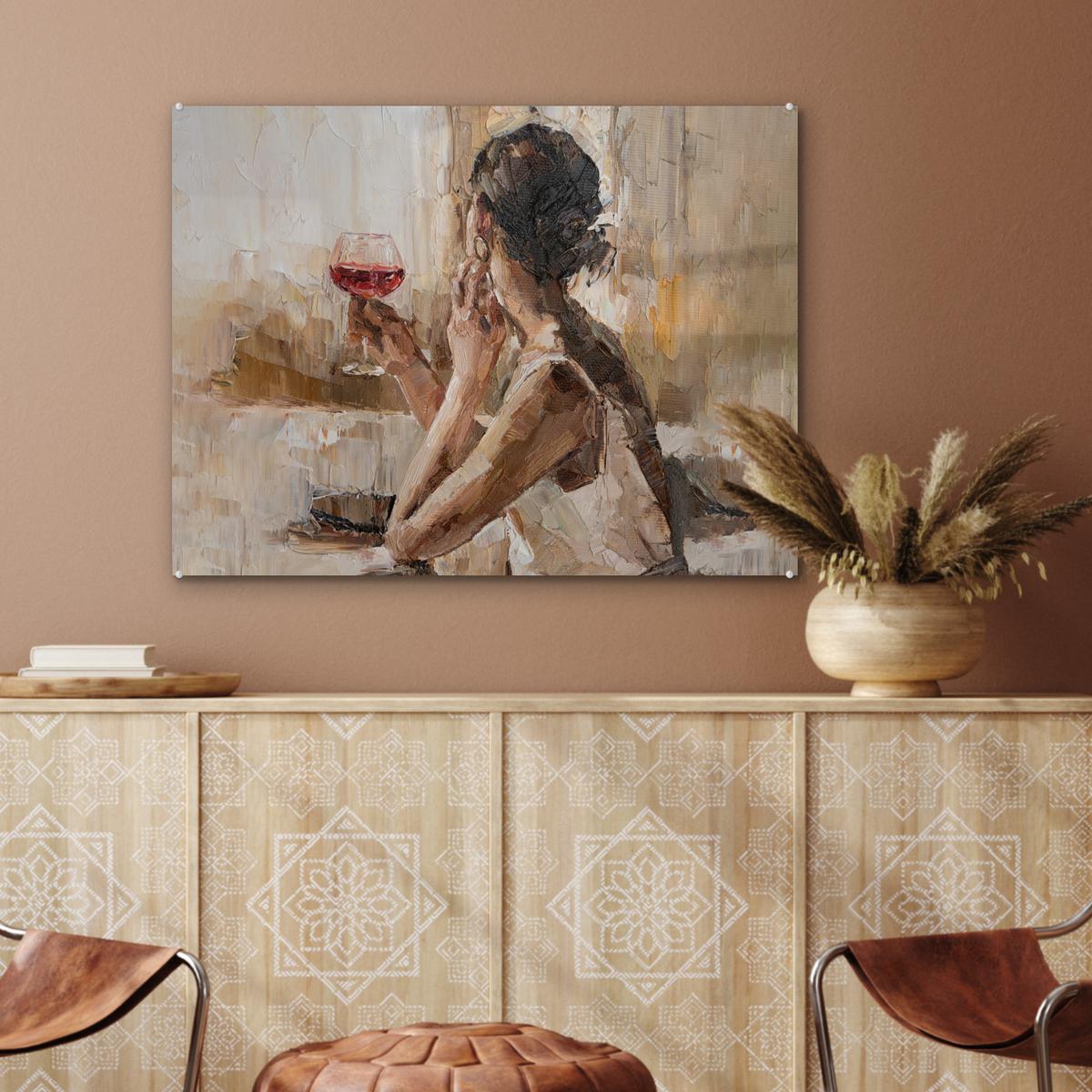 ACRYLGLASBILD Ölgemälde - Frau - Wein 80x60 cm - Hellbraun, Glas (80/60cm) - MuchoWow