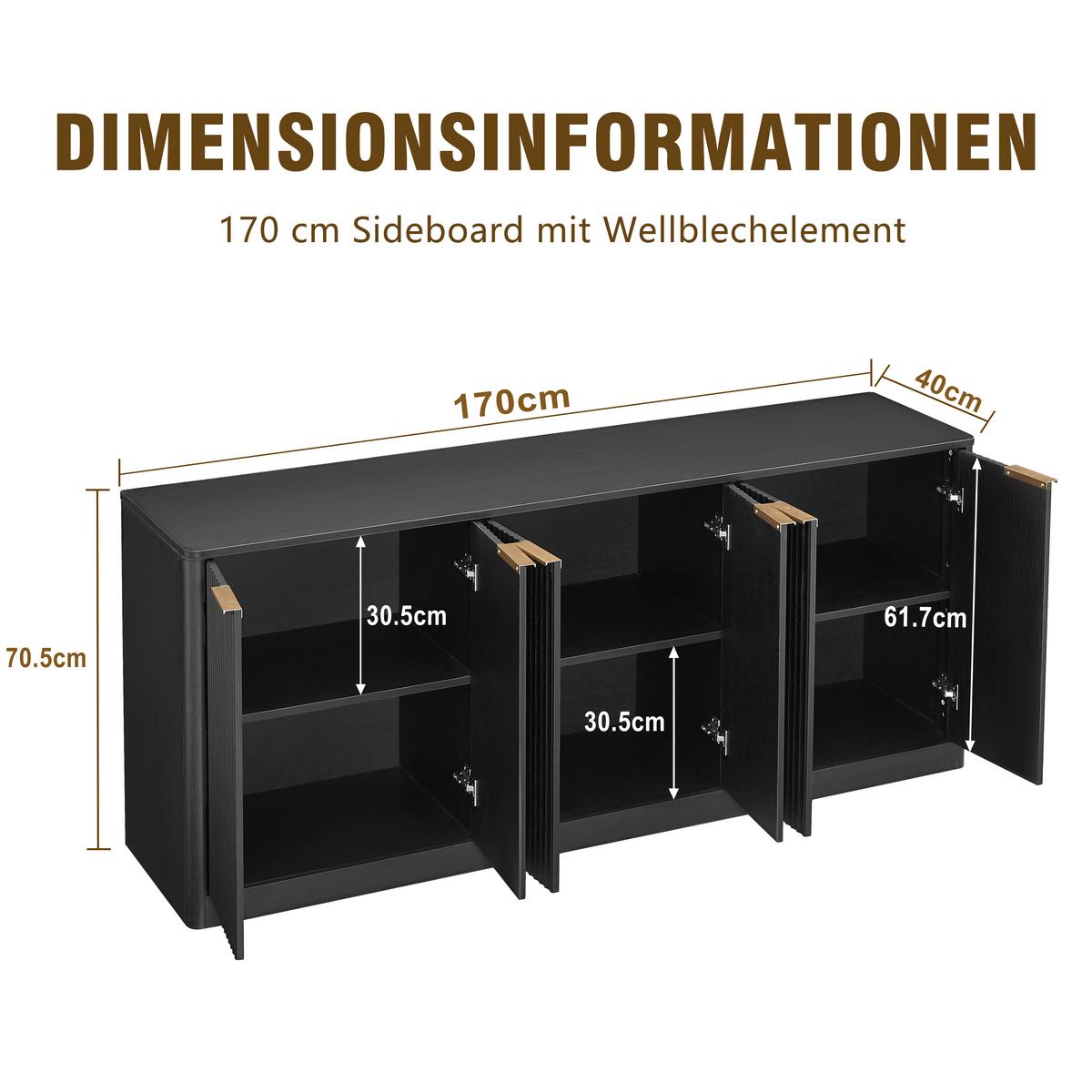 SIDEBOARD Schwarz & Holz-Optik 170 cm mit Wellen-Design & 6 Türen - Schwarz, Holzwerkstoff (170/70.5/40cm) - Urban Meuble