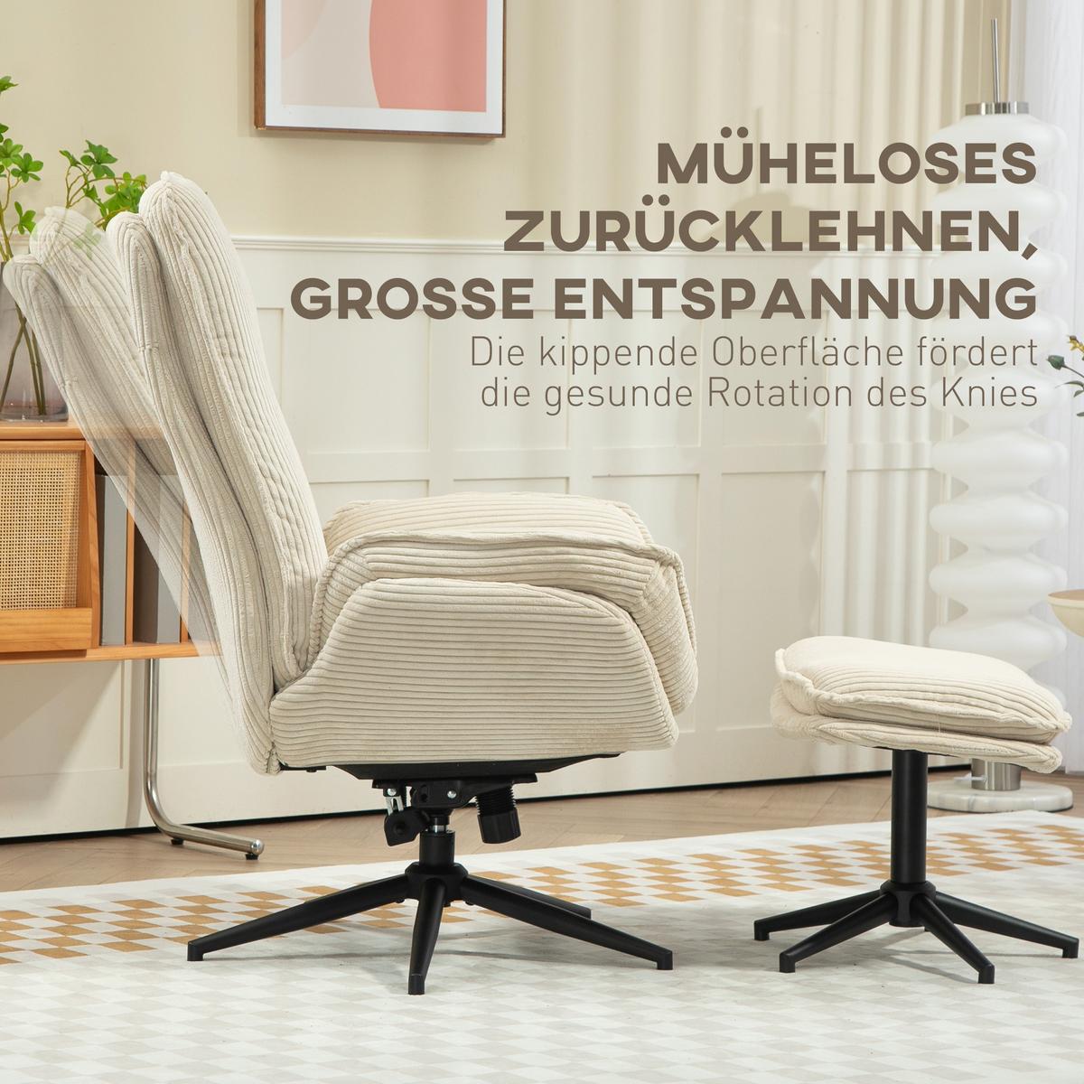 RELAXSESSEL mit Hocker 360°Drehbarer Fernsehsessel mit Liegefunktion, Cord Beige - Beige/Schwarz, Textil/Metall (72/107/83cm) - HOMCOM