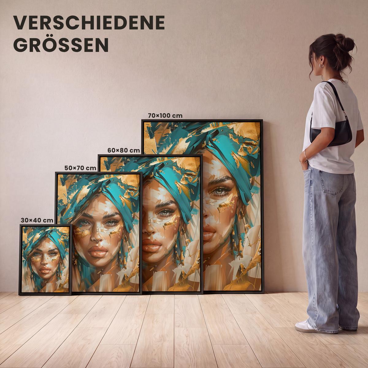 LEINWAND Bilder mit Rahmen - Frau - Porträt - Gold - Luxus - Blau - 50x70 - Türkis, Textil (50/70cm) - MuchoWow