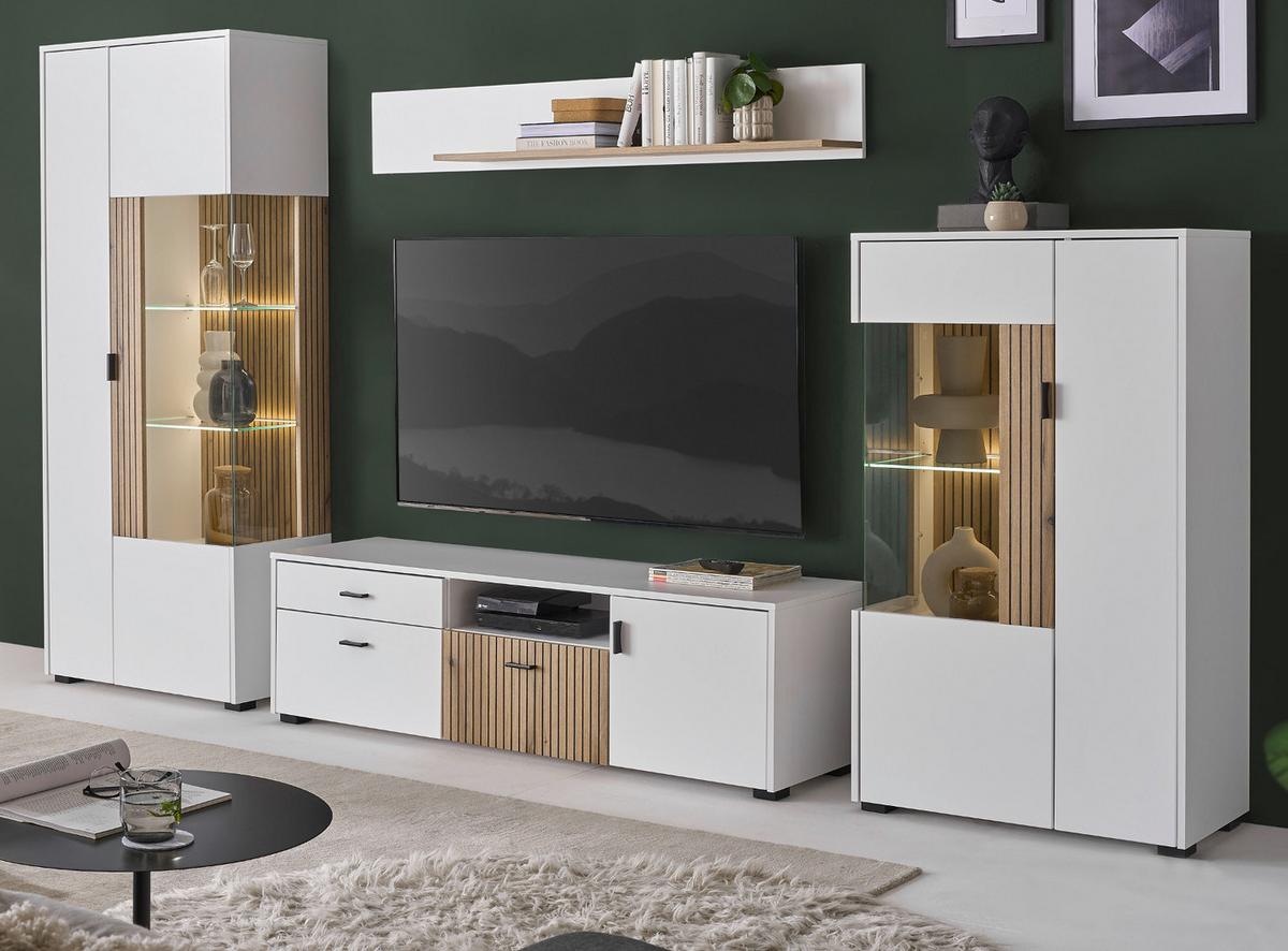 WOHNWAND 4-teilig weiß matt, Eiche 320 x 180 cm, Schrankwand mit viel Stauraum und Soft-Close - Eichefarben/Schwarz, Glas/Holzwerkstoff (320/180/42cm) - Furn.Design