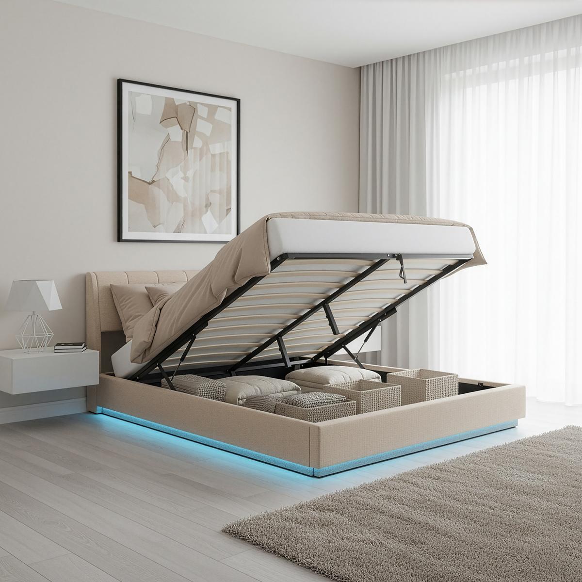 LED POLSTERBETT Tröstiar mit Matratze - Beige, Holzwerkstoff/Kunststoff (180/200cm) - [en.casa]