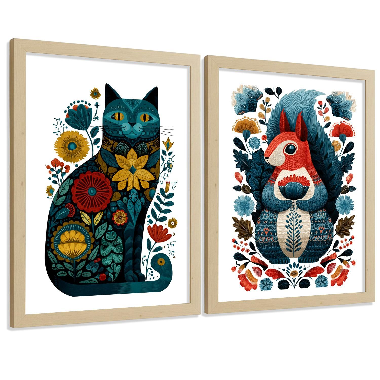 POSTER 2er-Set moderne Kunstdrucke im Folk-Stil, Katzen Eichhörnchen-Dekorationsbilder, farbenfrohe Blumenposter für Wohnzimmer Leichter Holzrahmen A4 - Beige, Papier (29.7/21/3cm) - Nacnic