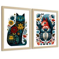 POSTER 2er-Set moderne Kunstdrucke im Folk-Stil, Katzen Eichhörnchen-Dekorationsbilder, farbenfrohe Blumenposter für Wohnzimmer Leichter Holzrahmen A4 - Beige, Papier (29.7/21/3cm) - Nacnic