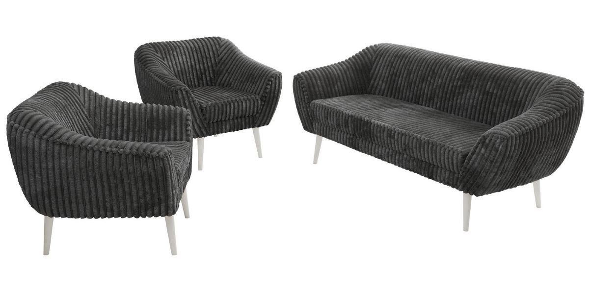 SITZGARNITUR PIRS 3+1+1 - Grau Cord - Weiße Beine - Weiß/Grau, Holzwerkstoff/Textil (180/75/74cm) - MKS