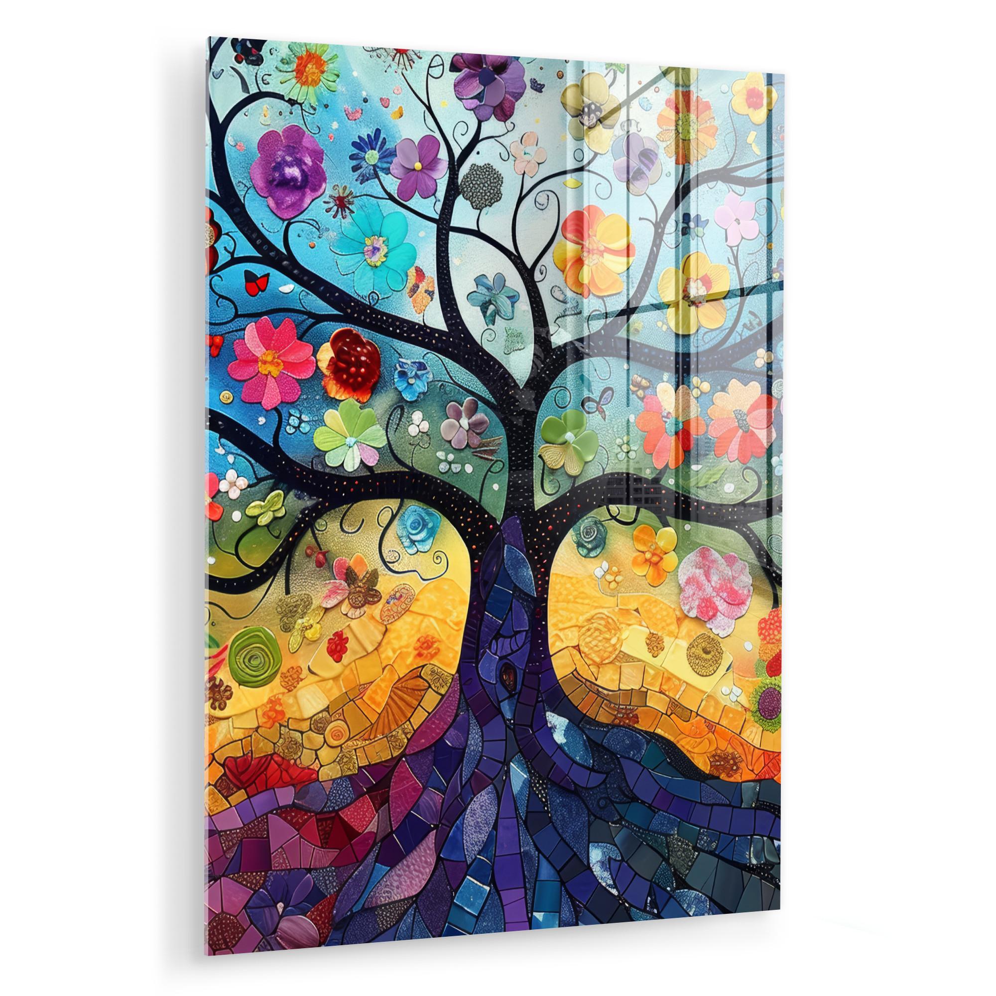 ACRYLGLASBILD Kunst - Baum des Lebens - Blumen - Hippie 60x80 cm - Dunkelblau, Glas (60/80cm) - MuchoWow