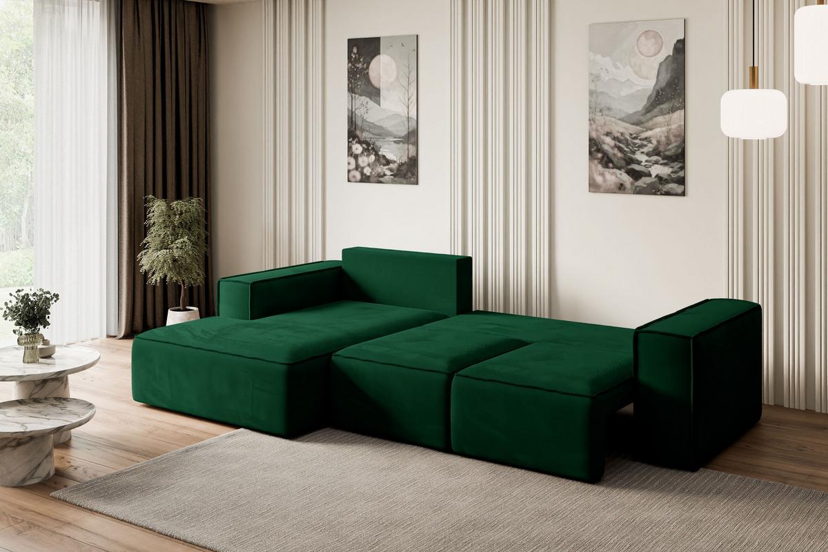 ECKSOFA mit Schlaffunktion und Bettkasten SERRA-L-S - 266x161x87 cm Grün Velours - Schwarz/Grün, Holzwerkstoff/Kunststoff (266/161cm) - ALTDECOR