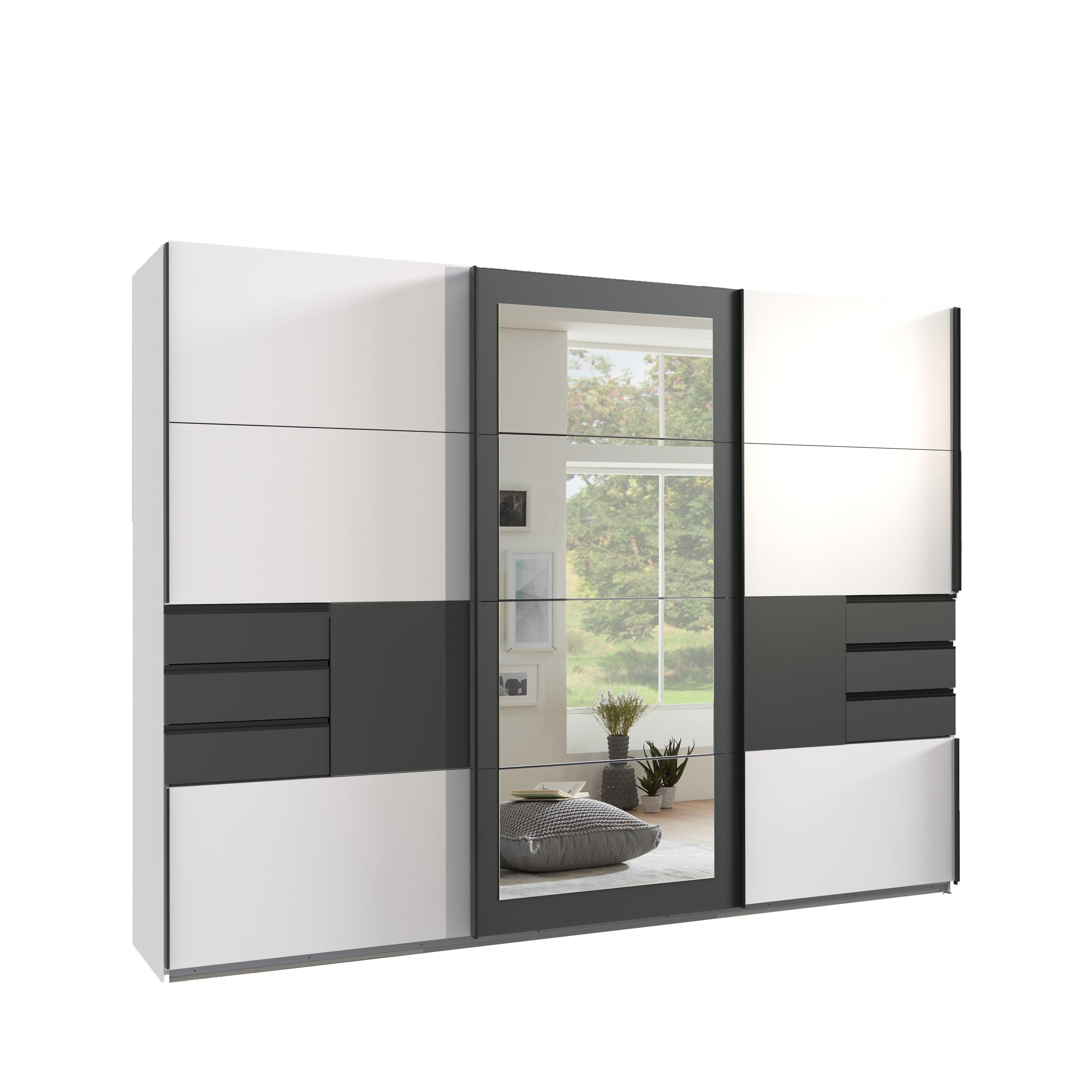SCHWEBETÜRENSCHRANK 3-türig B273/H213/64 cm in Weiß mit Absetzungen in Grafit, Passepartout&Spiegel&Schubladen, Kleiderschrank inkl. Vollausst./ 22505 - Blau/Graphitfarben, Holzwerkstoff/Metall (273/213/64cm) - luma-home