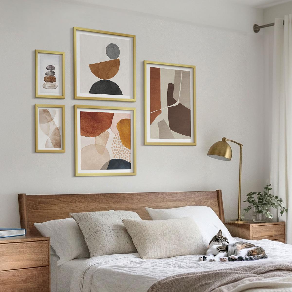 BILDER SET 5er Set - 50x50 cm & 20x30 cm & 40x60 cm Goldrahmen - Abstrakte Malerei Dekorationen - Goldfarben, Kunststoff (40/60cm) - TULUP