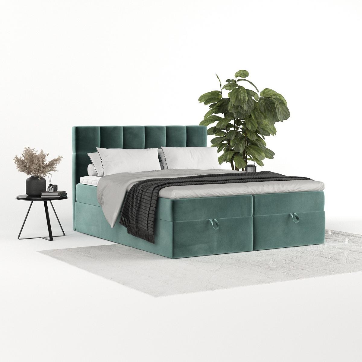 BOXBETT Savio 140/200 cm Türkis im Kronos Stoff - Türkis/Schwarz, Holz/Holzwerkstoff (140/200cm) - AltaBeds
