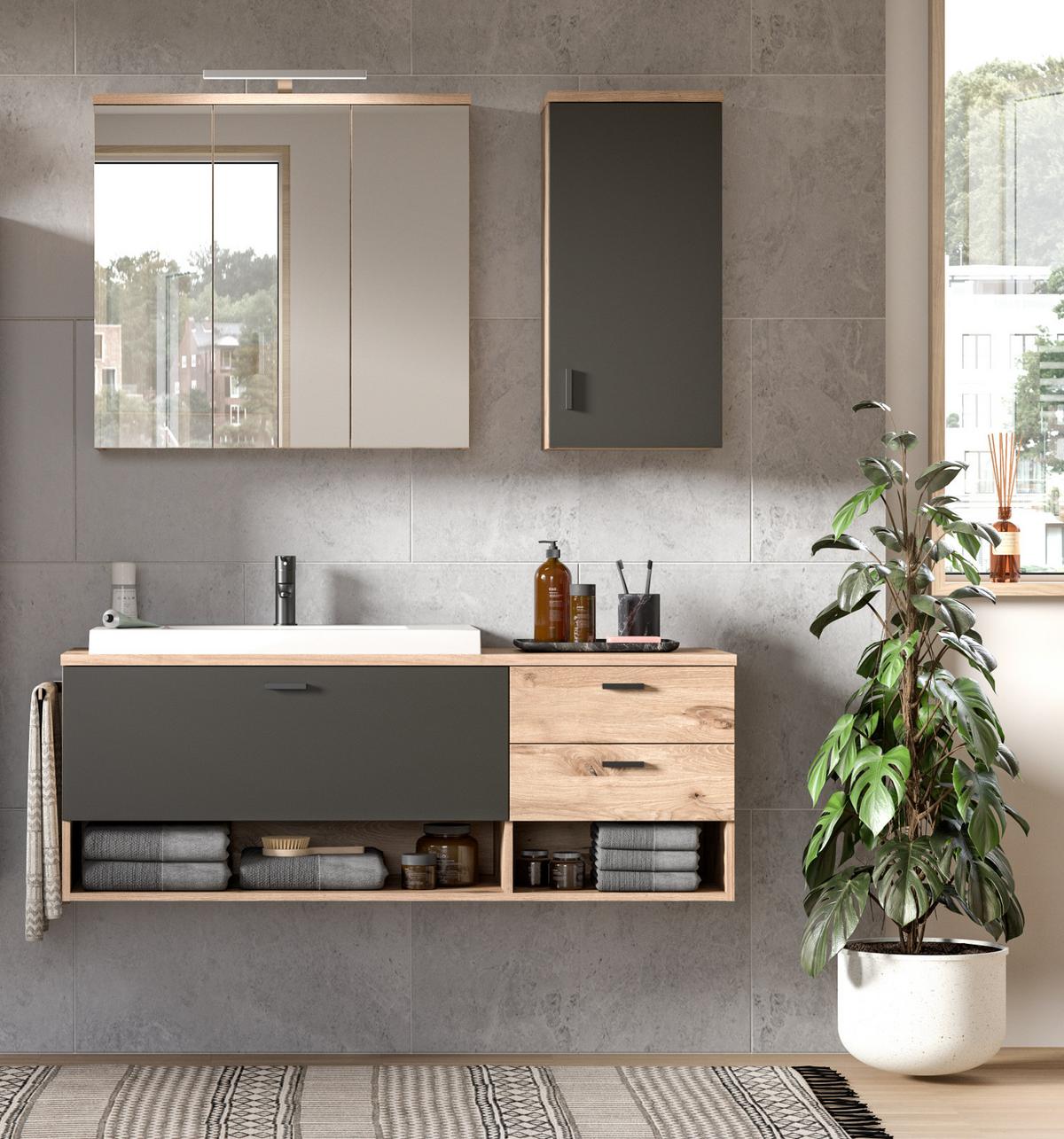 BADMÖBEL-SET Eiche, grau matt 138 cm, Kombination mit Waschbecken - Eichefarben/Grau, Holzwerkstoff (140/192/48cm) - Inn.Furn