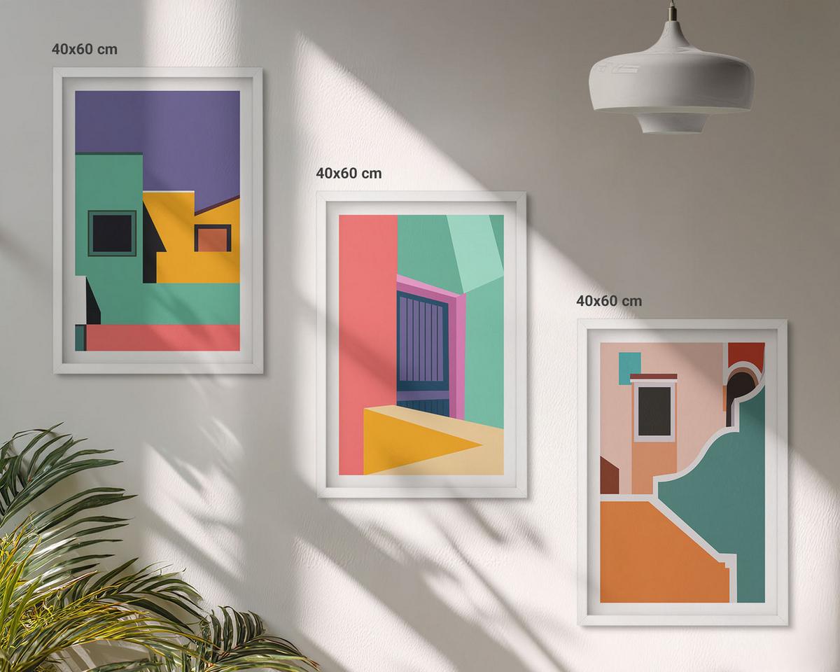 BILDER SET 3er Set - 40x60 cm Weißer Rahmen - Farbenfrohe Illustrationen der Stadt - Weiß, Kunststoff (40/60cm) - TULUP