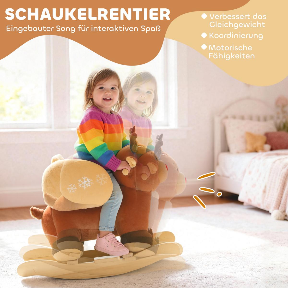 KINDER-SCHAUKELPFERD Rentier mit Schlafliedern Plüsch Braun - Braun, Textil (32/55/65cm) - AIYAPLAY