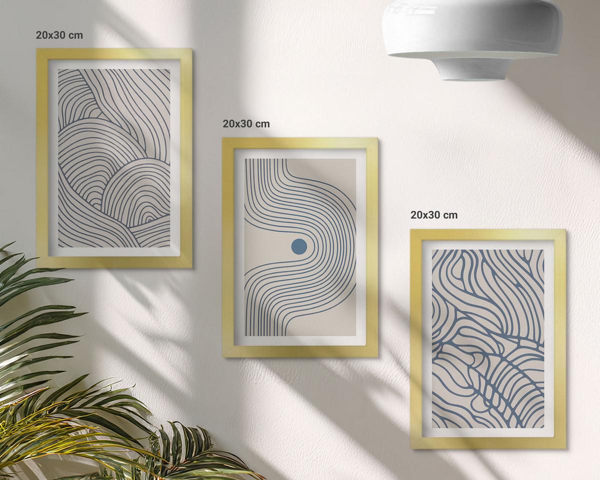 BILDER SET 3er Set - 20x30 cm Goldrahmen - Abstrakte Linien, Wellenformen - Goldfarben, Kunststoff (20/30cm) - TULUP