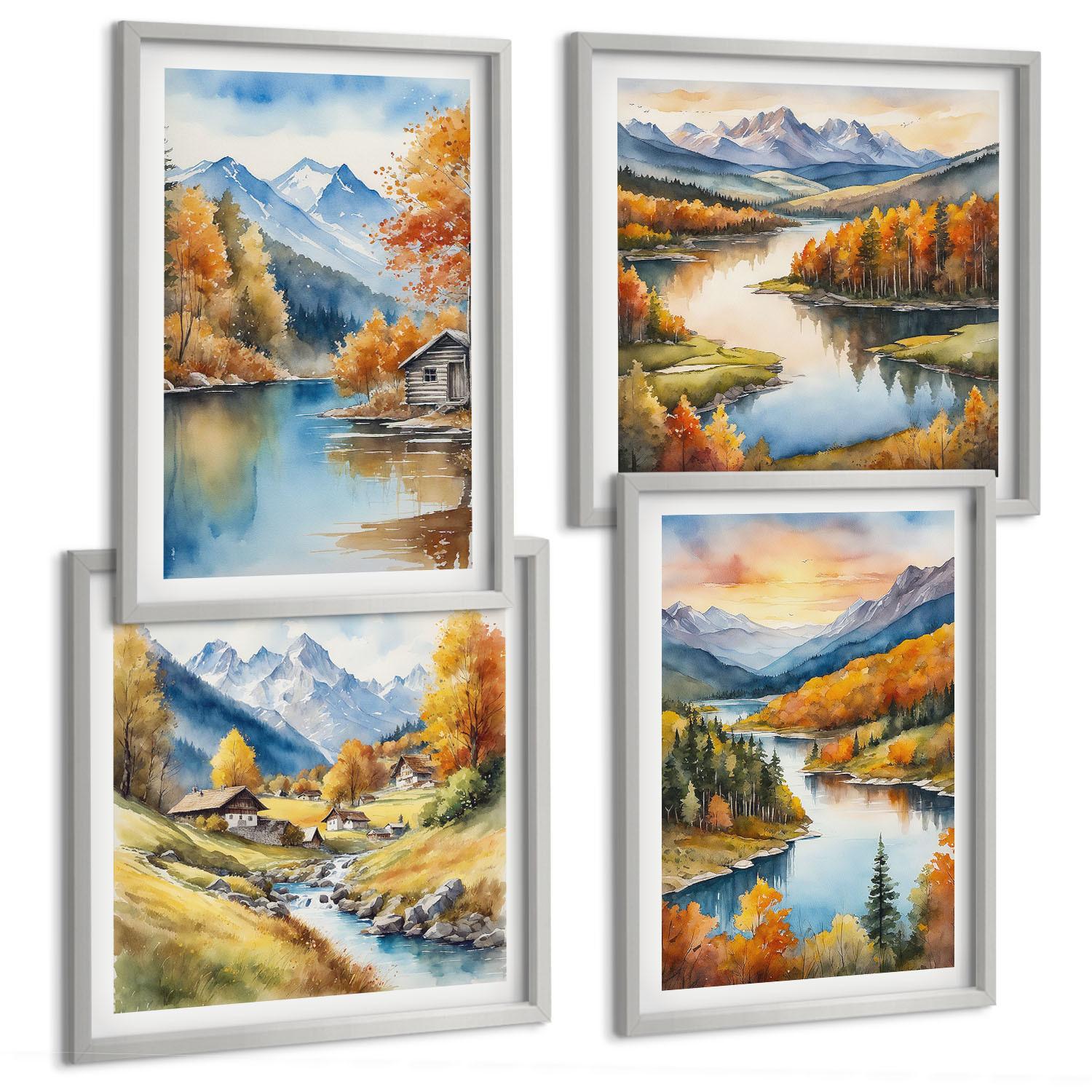 BILDER SET 4er Set - 50x50 cm & 40x60 cm Silberner Rahmen - Herbstliche Berge, Flusshütte - Silberfarben, Kunststoff (50/50cm) - TULUP