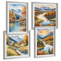 BILDER SET 4er Set - 50x50 cm & 40x60 cm Silberner Rahmen - Herbstliche Berge, Flusshütte - Silberfarben, Kunststoff (50/50cm) - TULUP