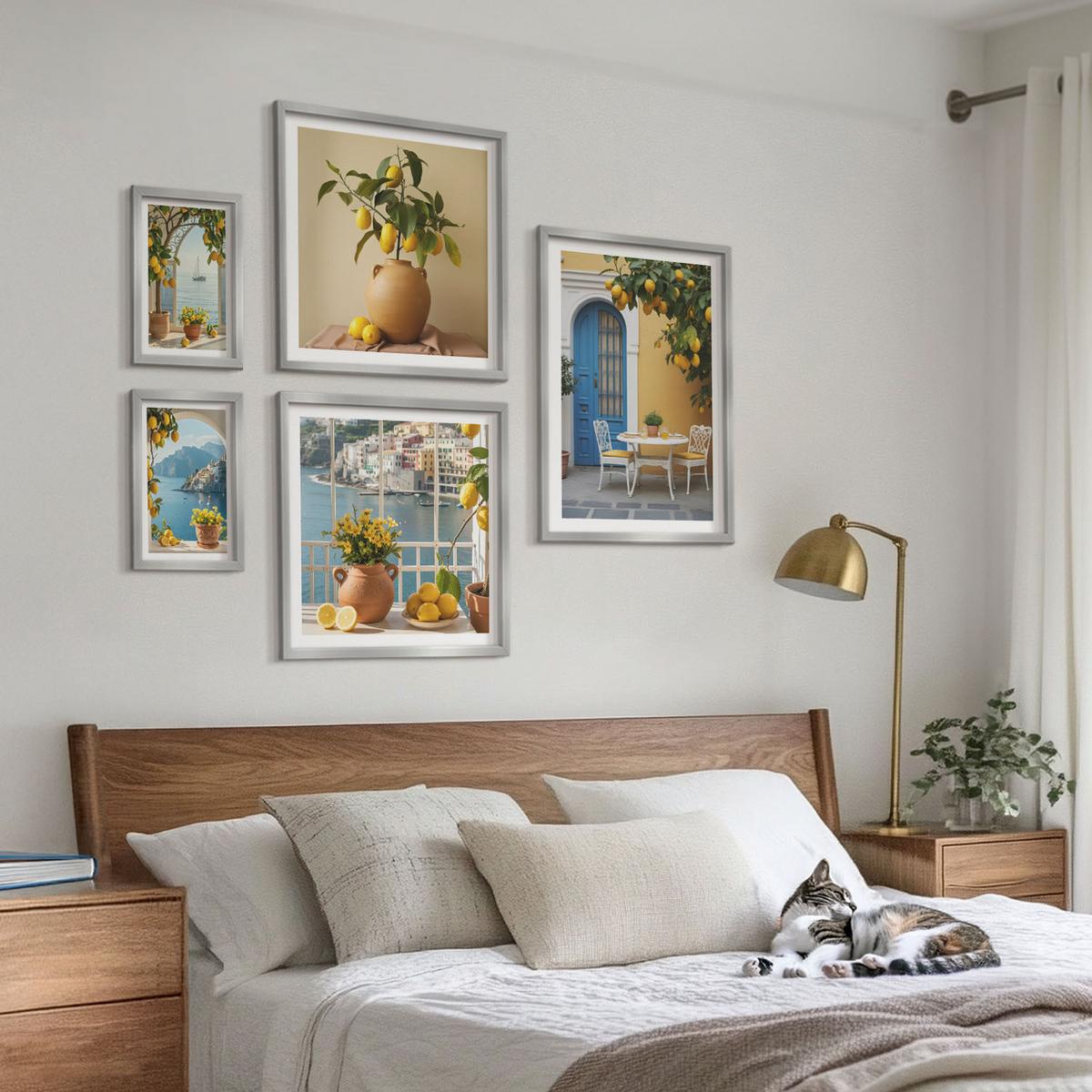 BILDER SET 5er Set - 50x50 cm & 20x30 cm & 40x60 cm Silberner Rahmen - Meereslandschaften, Zitronen, Fenster - Silberfarben, Kunststoff (40/60cm) - TULUP