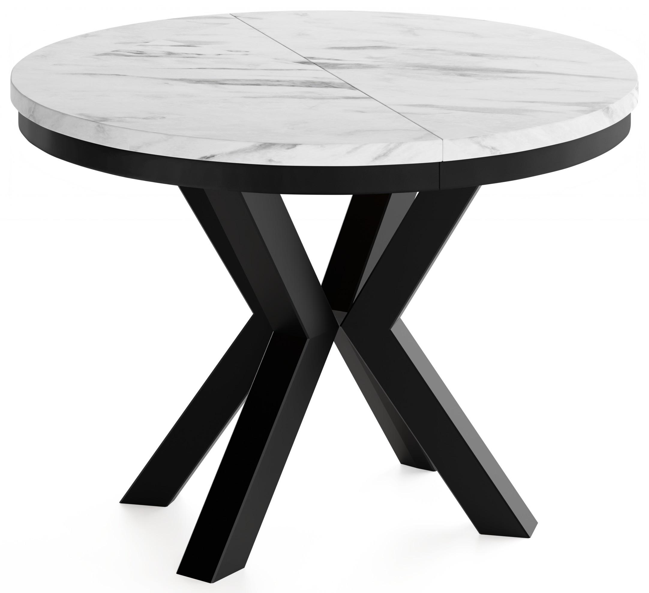 ESSTISCH Clara runder ausziehbarer, Marmor Weiß 120-200/120/76 cm - Ecru/Schwarz, Holzwerkstoff/Metall (120/200/76cm) - WFL GROUP