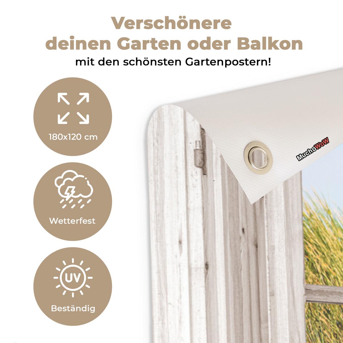 GARTENPOSTER Durchblick - Strand - Meer - Dünen - Sand - Wasser - Hochgras Poster für draußen 180x120 cm - Sandfarben, Kunststoff (180/120/0.2cm) - OnlyWow