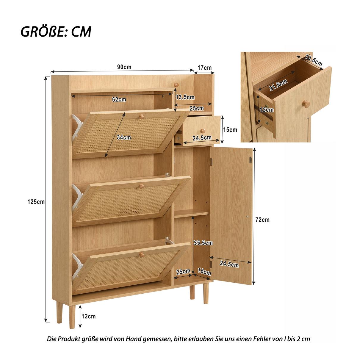 SCHUHSCHRANK Rattan Platzsparender mit 3 Kipp-Türen & 1 Schublade - Eichefarben, Holzwerkstoff (90/125/17cm) - Urban Meuble