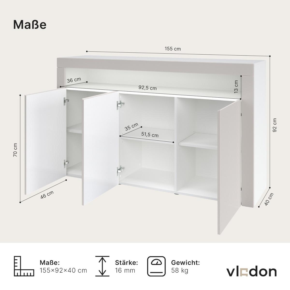SIDEBOARD Valencia Eiche Natur/ Eiche Natur - Eichefarben, Holzwerkstoff (155/92/40cm) - Vladon