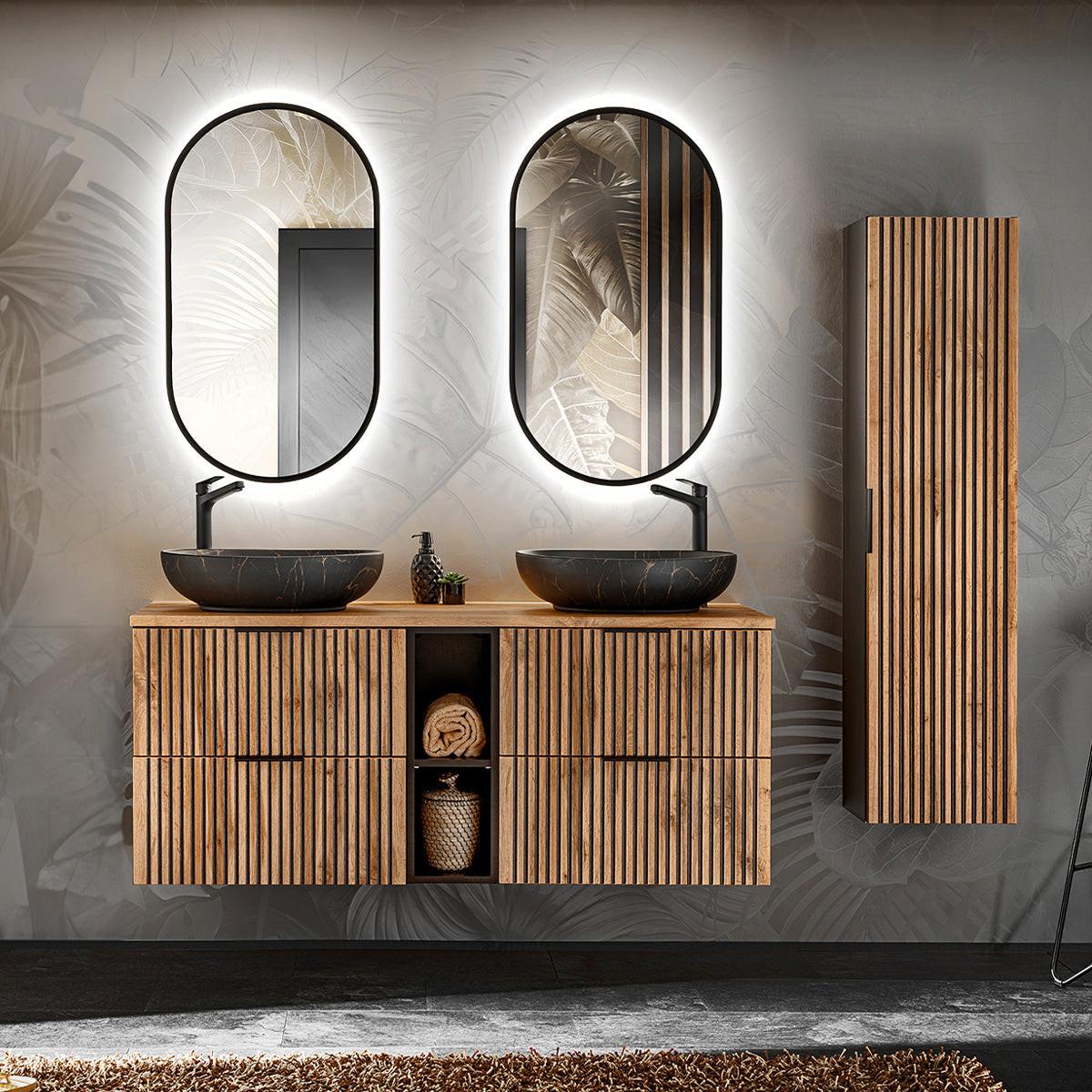 BADMÖBEL 140.6cm Gaia 2er-Set Holz in Eichenoptik und Schwarz - Schwarz, Holzwerkstoff (140.6/59/46cm) - Petits-meubles
