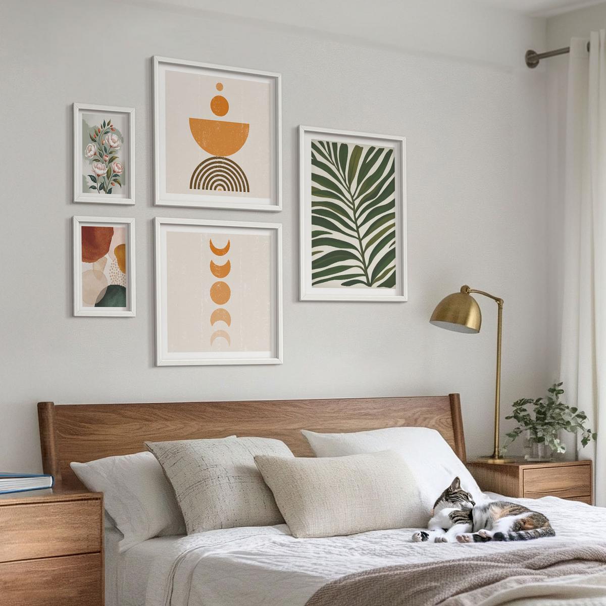 BILDER SET 5er Set - 50x50 cm & 20x30 cm & 40x60 cm Weißer Rahmen - Abstrakte Blattformen - Weiß, Kunststoff (40/60cm) - TULUP