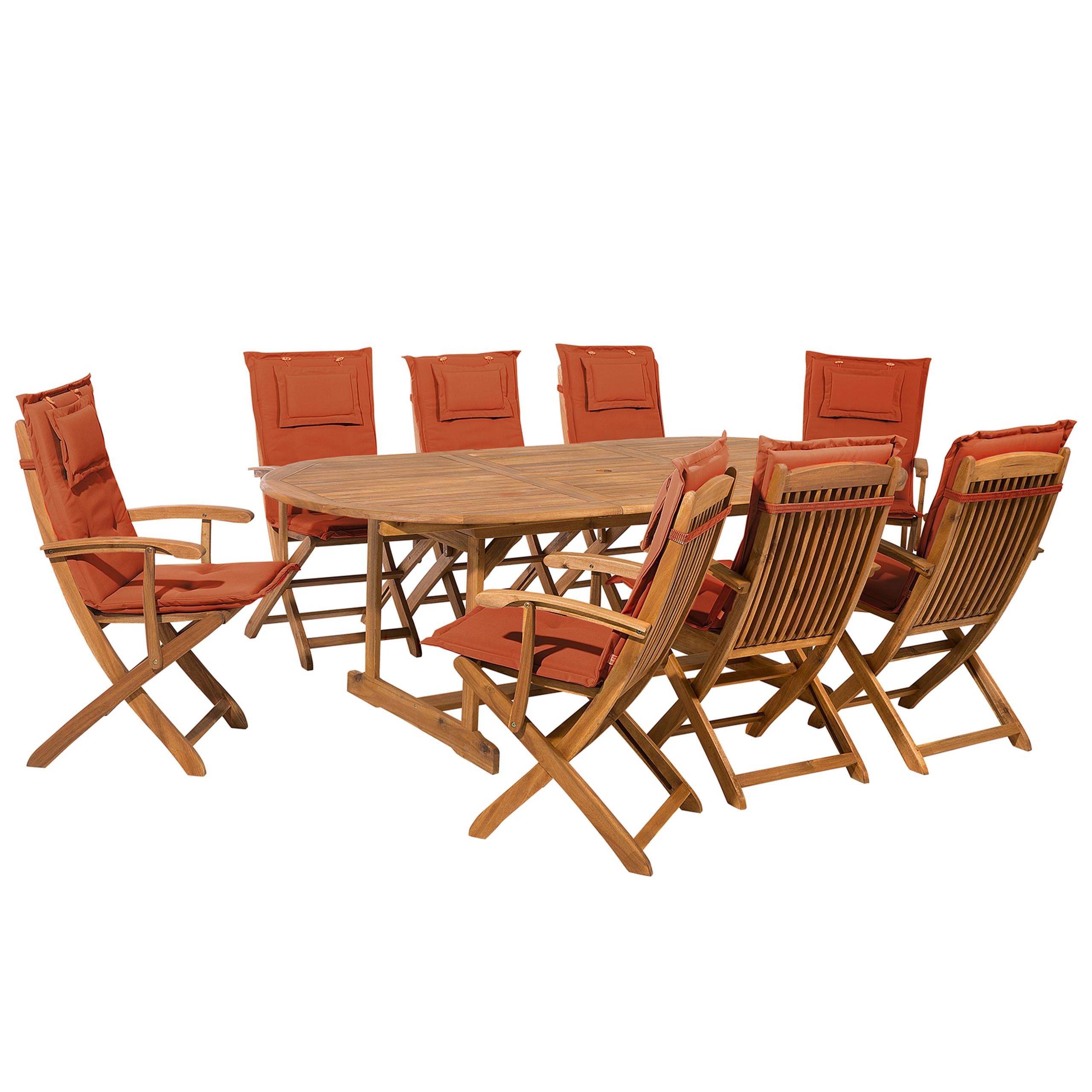 GARTENMÖBEL SET 8-Sitzer Akazienholz hellbraun Auflagen terracotta Maui - Hellbraun/Rot, Holz - Beliani