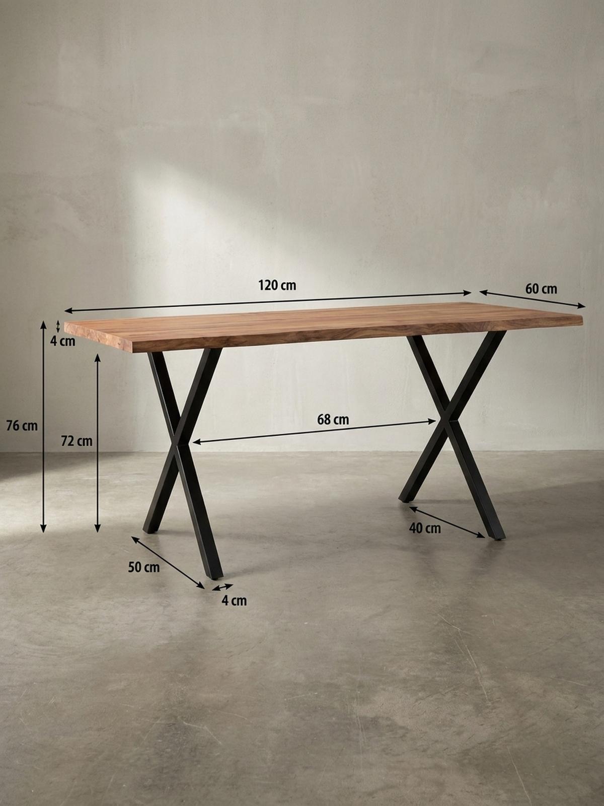SCHREIBTISCH Massivholz X-Gestell Baumkante Handgefertigt KRETA, Goldbraun-Schwarz 120x60x76 cm - Schwarz/Braun, Holz/Metall (60/120/76cm) - KADIMA DESIGN