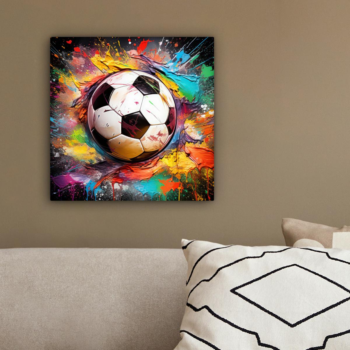 LEINWANDBILD Fußball - Farbe - Farben - Schwarz - Weiß Deko Wohnzimmer 20x20 cm - Weiß, Textil (20/20cm) - MuchoWow