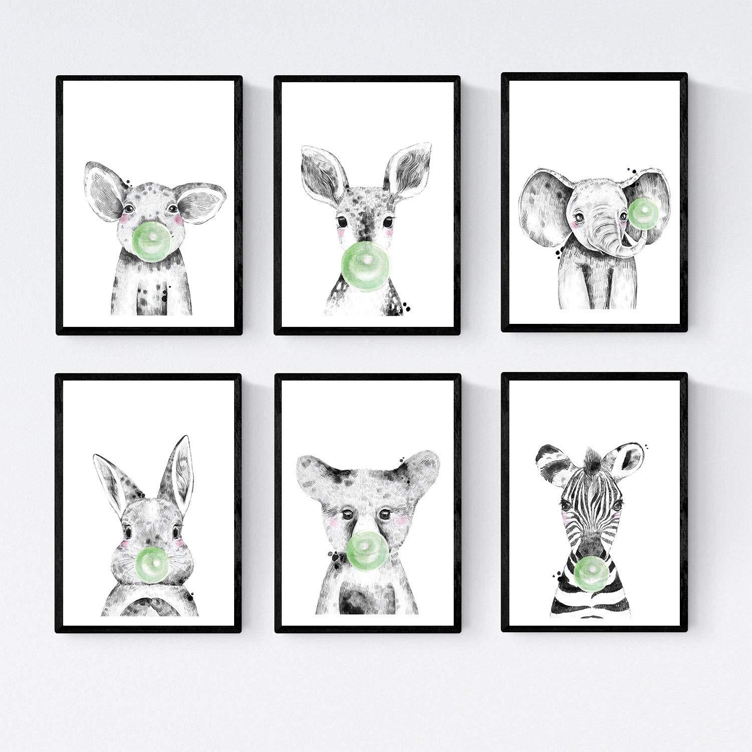 POSTER Set Mit 6 Tiere Babys Mit Kaugummi Elefant Schweinefleischkaninchen Kuh Fuchshund A4 Schwarzer Rahmen - Schwarz, Papier (29/3cm) - Nacnic