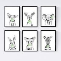 POSTER Set Mit 6 Tiere Babys Mit Kaugummi Elefant Schweinefleischkaninchen Kuh Fuchshund A4 Schwarzer Rahmen - Schwarz, Papier (29/3cm) - Nacnic