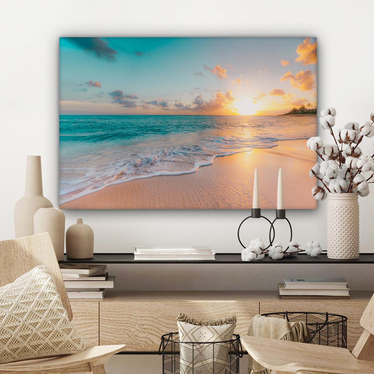 LEINWANDBILD Sonnenuntergang - Strand - Meer - Sommer - Blau XXL 150x100 cm - Multicolor, Textil (150/100cm) - MuchoWow