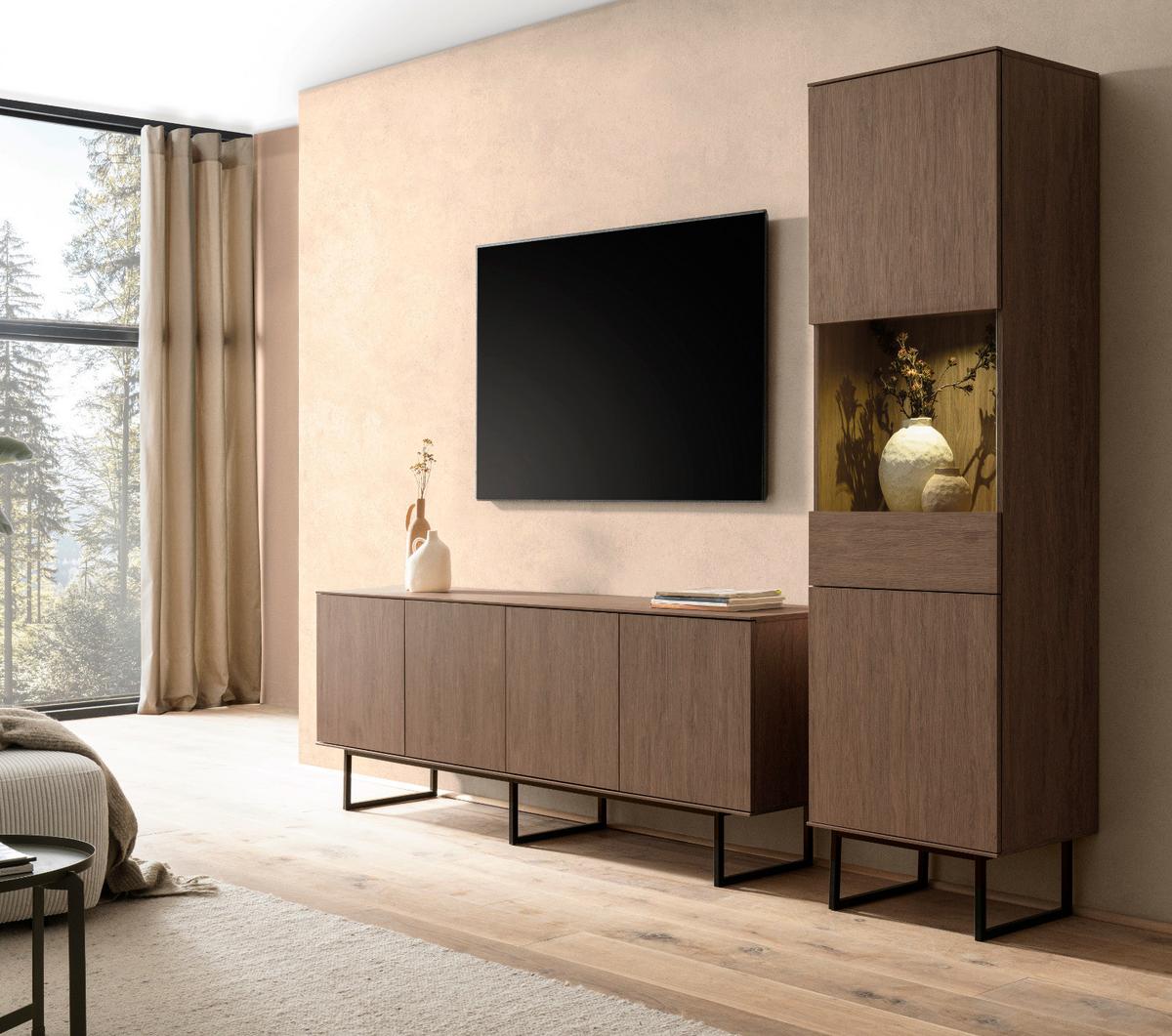 WOHNWAND in Nussbaum 2-teilig 273 cm, Wohnkombination mit Push-to-Open - Nussbaumfarben/Schwarz, Glas/Holzwerkstoff (273/200/40cm) - Furn.Design
