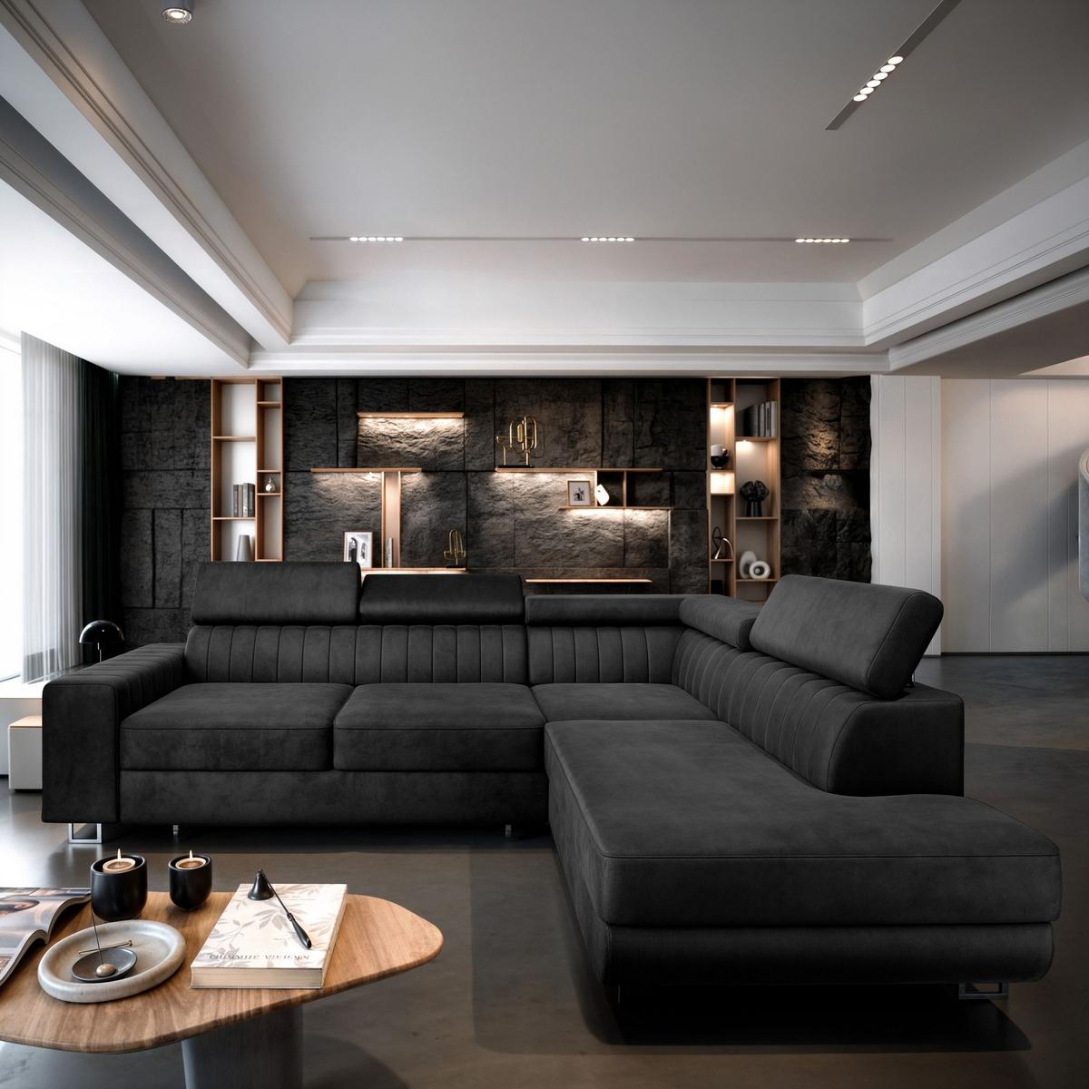 ECKSOFA NOLA R-S Schwarz Velours-Stoff mit Schlaffunktion - Silberfarben/Schwarz, Holz/Textil (253/190cm) - MASSENO